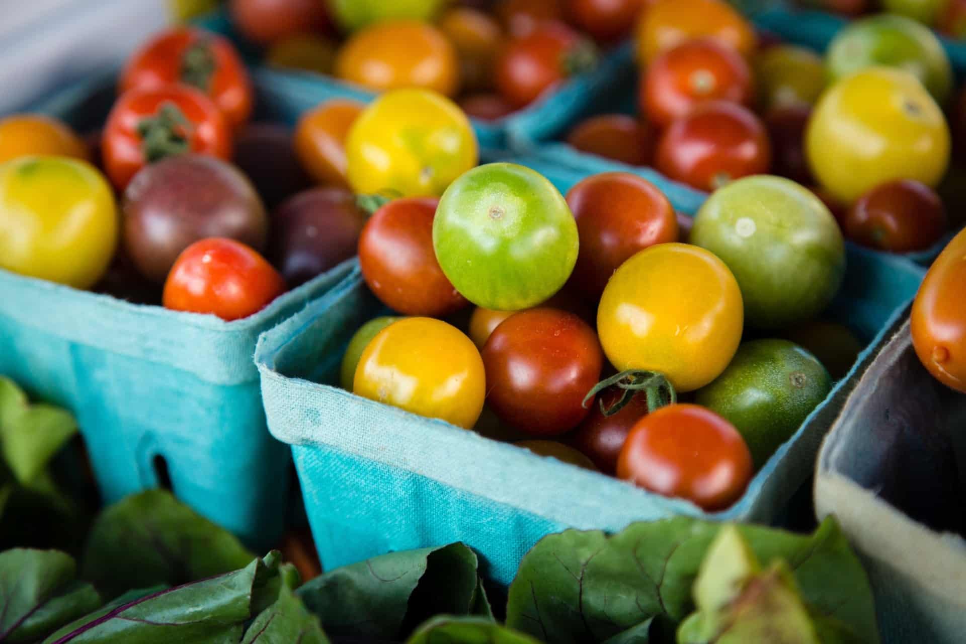heirloom cherry tomatoes in crates