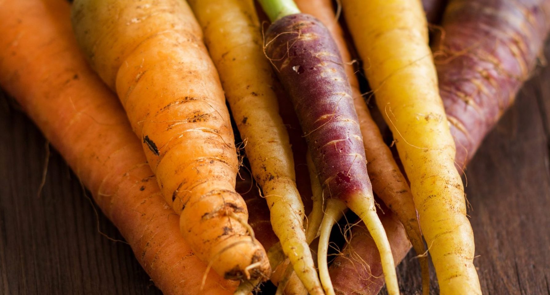 Fresh organic rainbow carrots on a wooden table