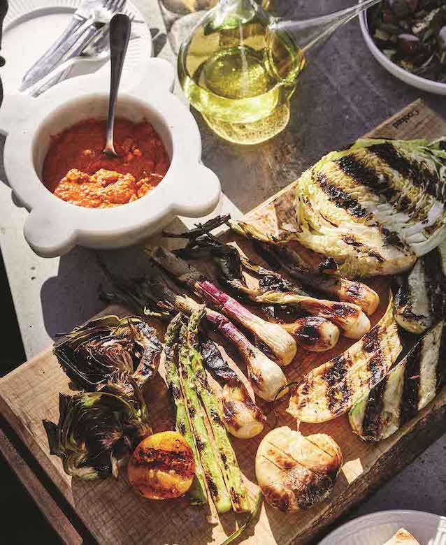 grilled vegetables on wooden board