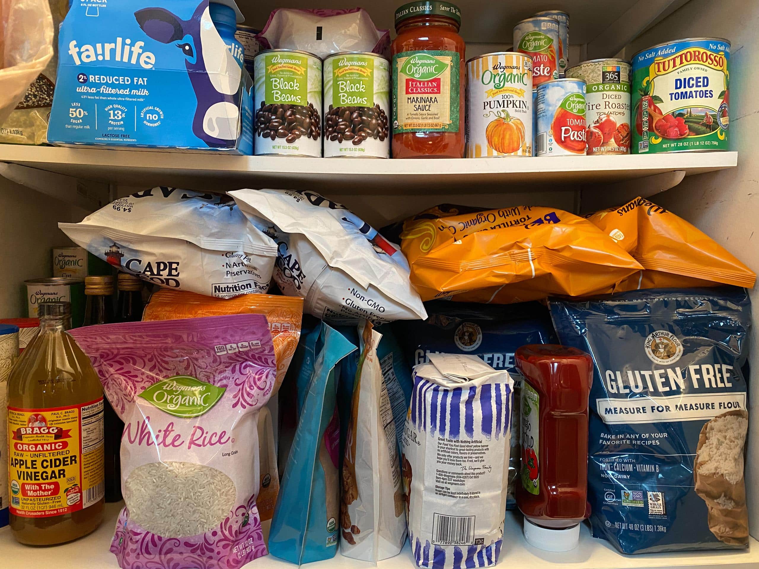 Dried and shelf stable food items are stored in a pantry