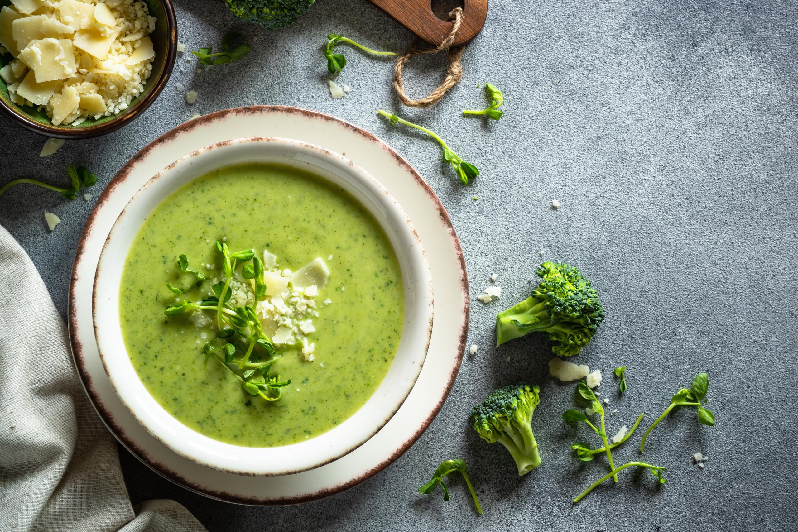 a bowl of broccoli soup using broccoli scraps
