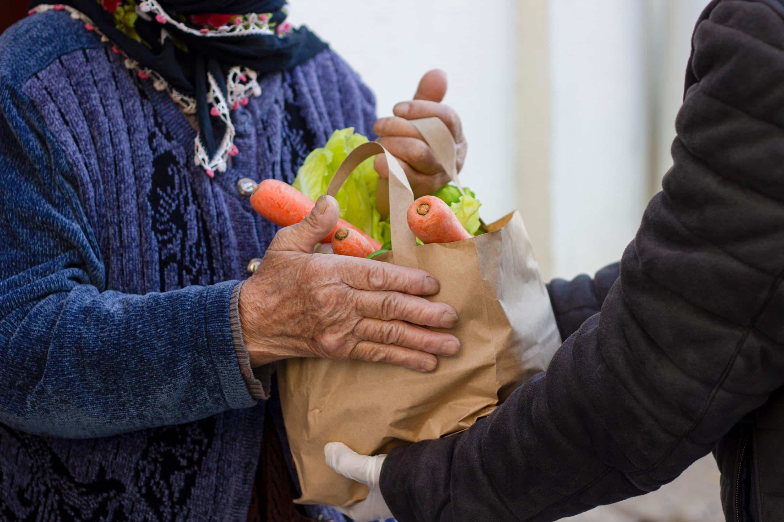 grocery delivery for old woman from supermarket. Health, shopping and female with elderly lady customer at home entrance, healthy food and groceries bag from retail store courier