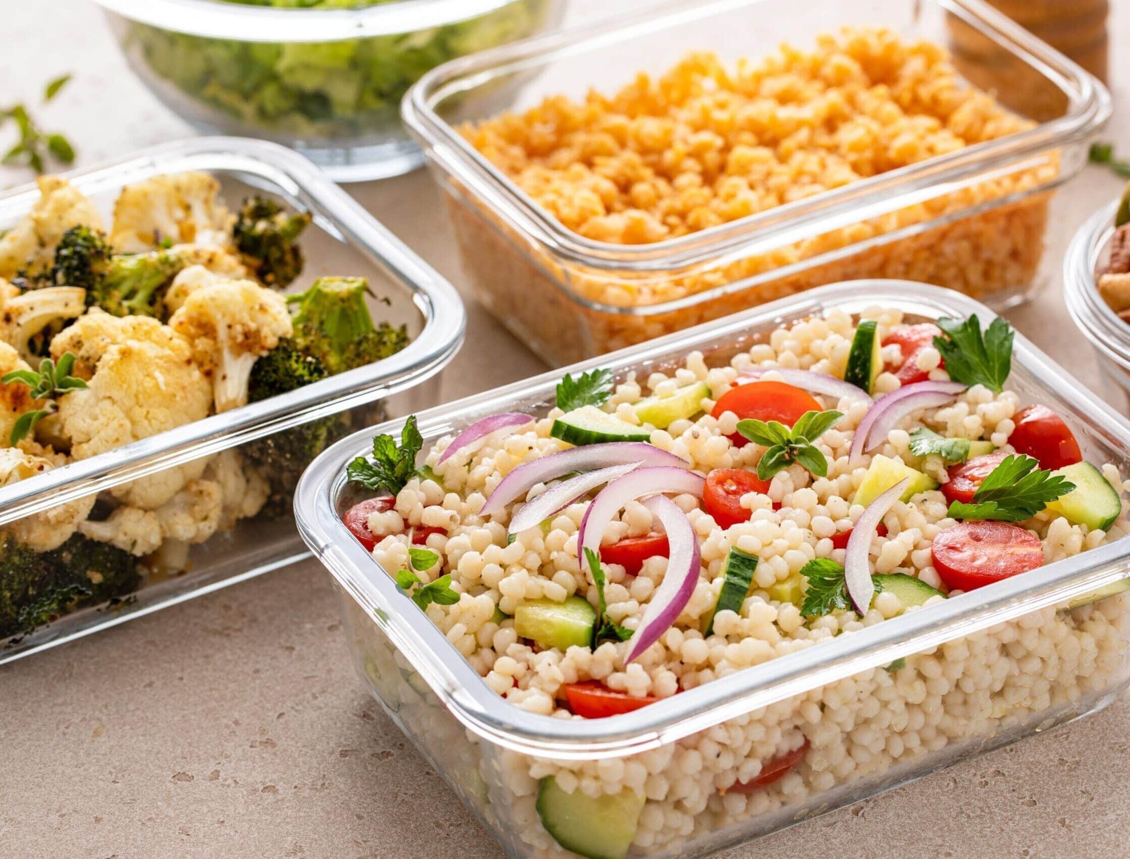 glass food storage with assorted prepared meals