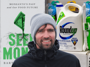 Image of "Seed Money" book next to bottle of Roundup spray.