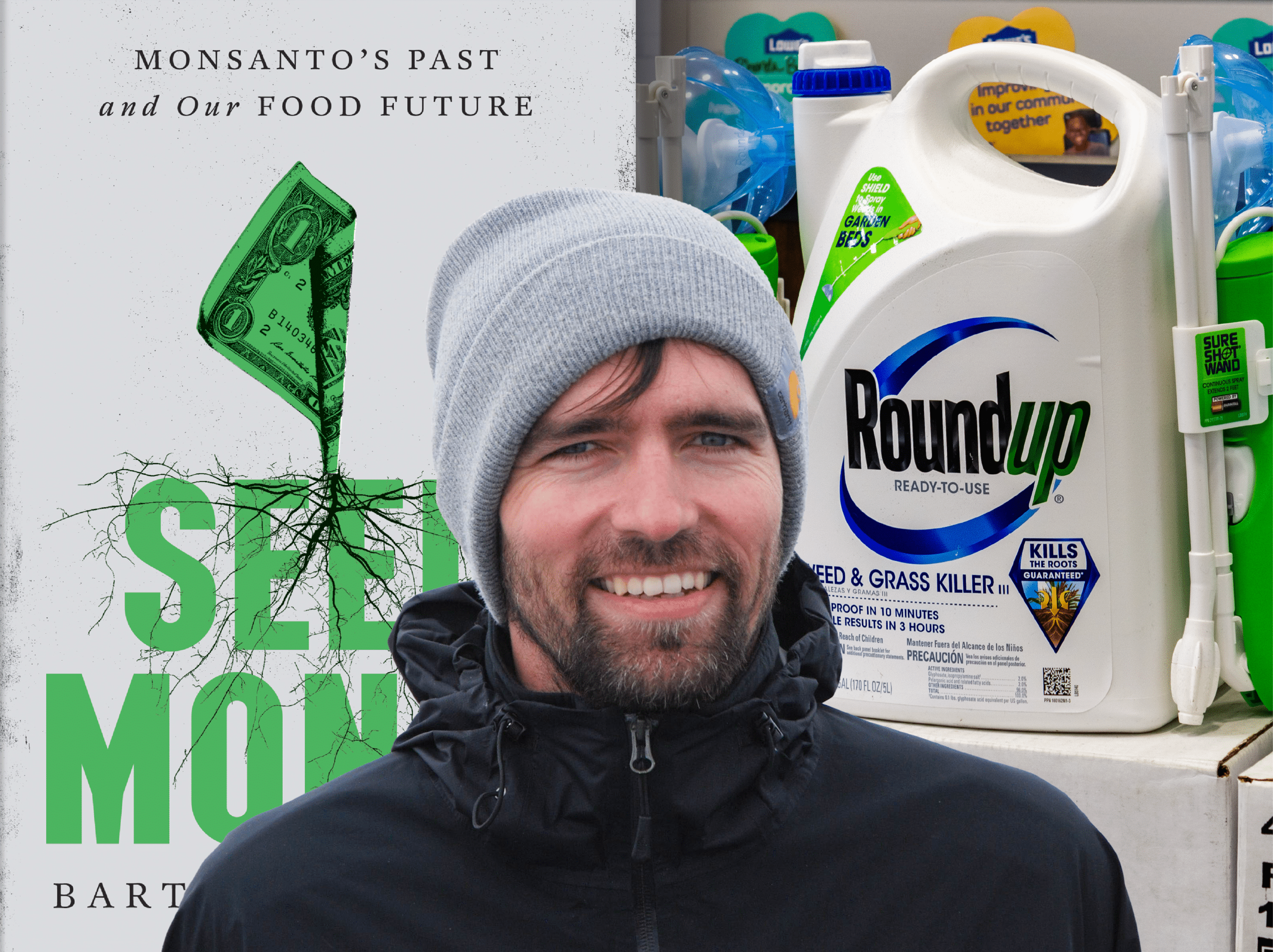 Image of "Seed Money" book next to bottle of Roundup spray.